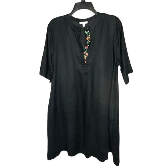 Calme Johnny Was 100% Linen Black Embroidered Floral V Neck Dress Size Large - Picture 2 of 8